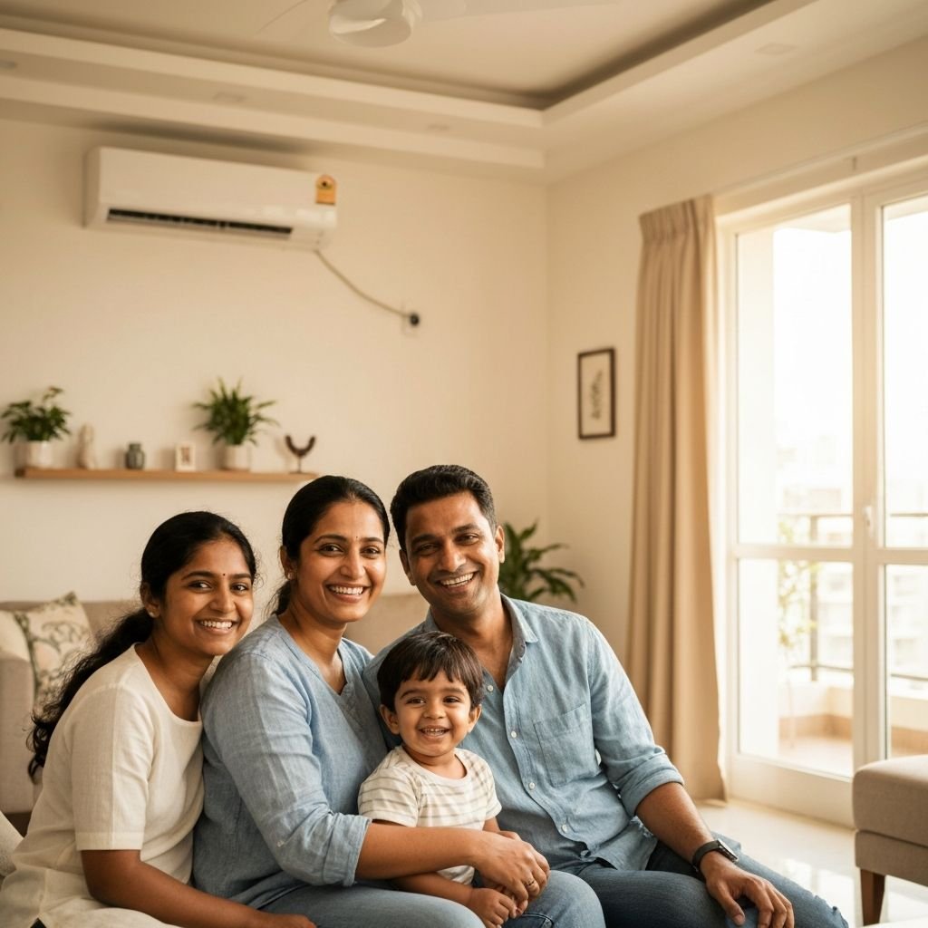 Happy ServiceHub customer family in Bangalore with Kent RO water purifier and Daikin AC service